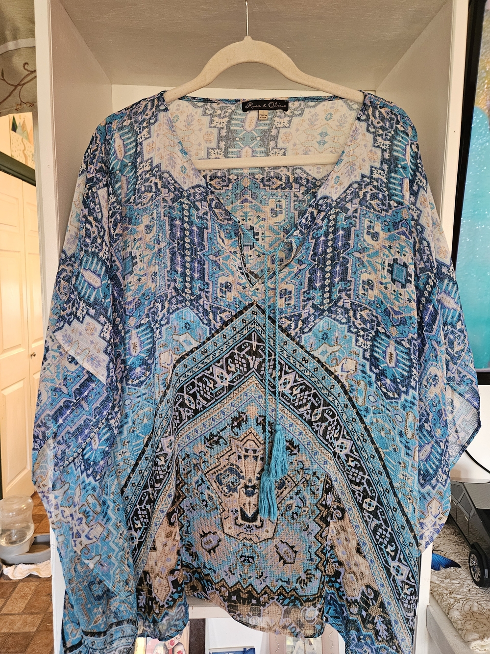 Rose & Olive Blue and Cream Boho Geometric V-Neck Tunic with Tassel